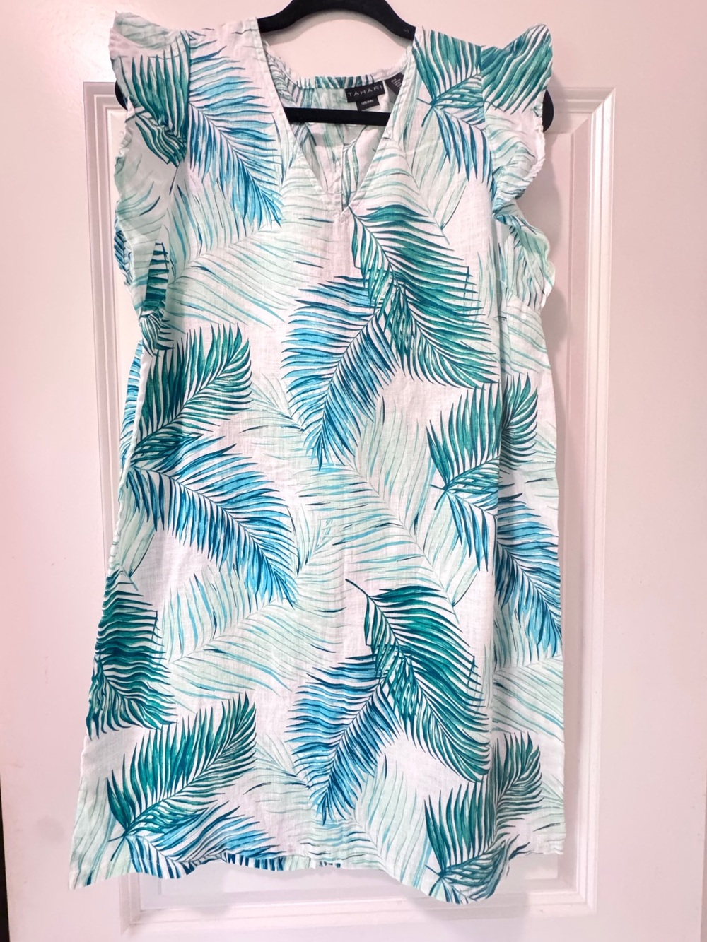 Tahari Palm-Print 100% Linen V-Neck Ruffle sleeve Dress M - Picture 3 of 5